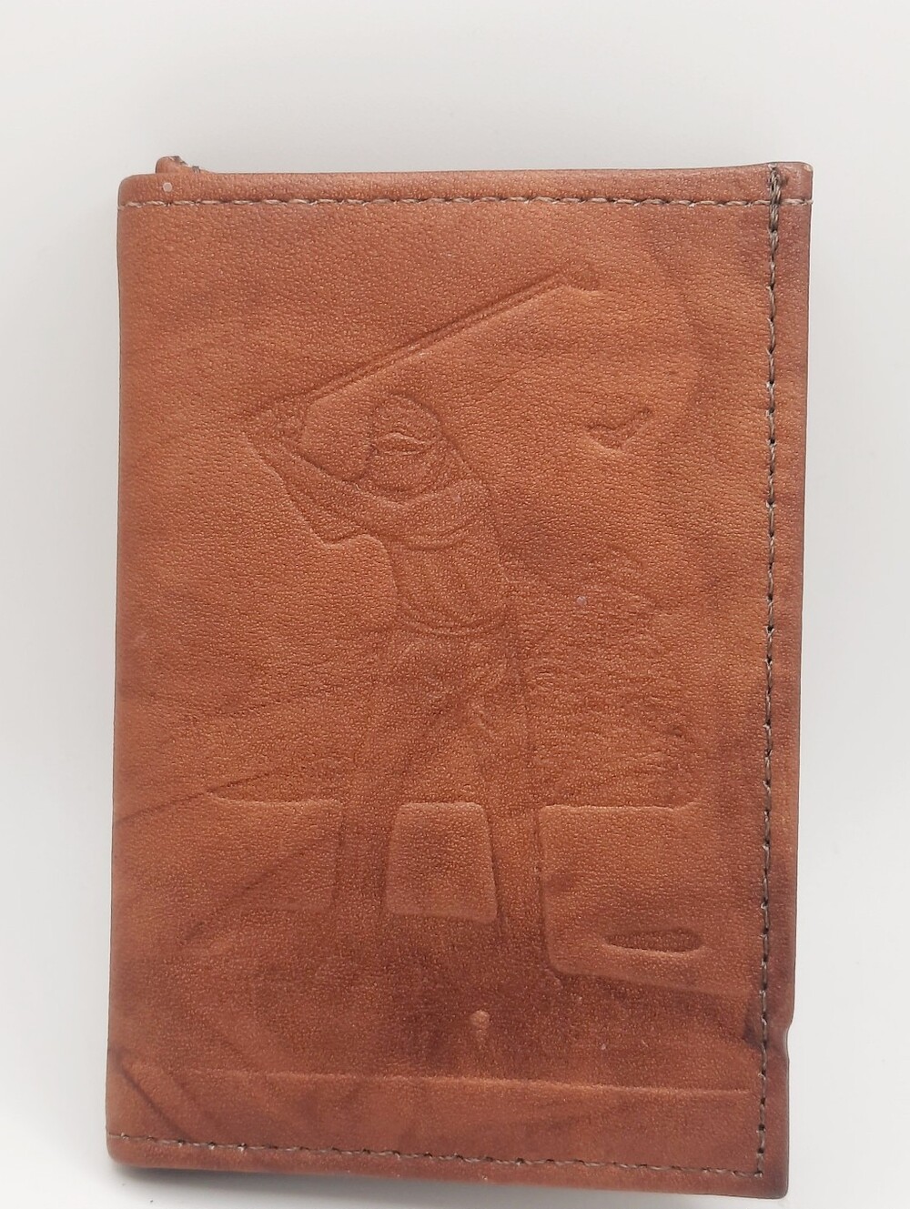 VTG Genuine Leather Tooled Trifold Passcase Wallet Brown Embossed Golfer Golf